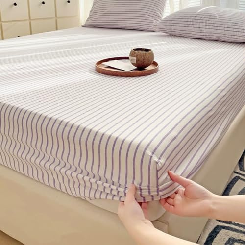 Homxi Lenzuolo Angoli Matrimoniale e 2 Federe(200 x 220 cm),Lenzuola Matrimoniali Estive Motivo a Righe Completi Letto Matrimoniale Viola