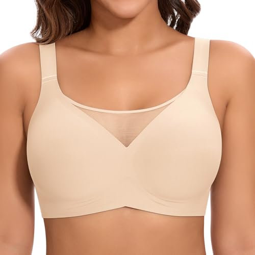 Cavotor Wireless Bras for Women Seamless Soft Comfort Bralettes with Bra Extender (322-Beige,L)