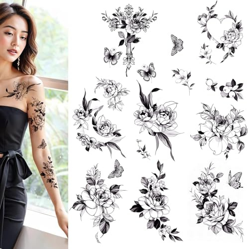 Temporary Tattoo Stickers, Black Floral Rose Designs, Colorful flowers tattoos for women, Multiple Sizes (black)