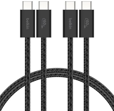 Belkin Paquete de 2 Cables Trenzados USB-C a USB-C de 1,5 m (60 W),carga rápida, cables de alimentación suaves y flexibles USB tipo C para iPhone 17 y 16,Galaxy S25, Pixel 10, iPad Pro y otros, Negro