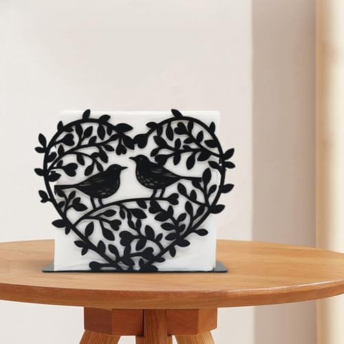 Schwarzer Serviettenhalter für Tisch - Elegantes Metall Herz Design mit Vögeln & Blättern, Dekorative Serviettenhalter für Papier Servietten, Rustikal zu modernen Restaurant & Esstisch Zubehör