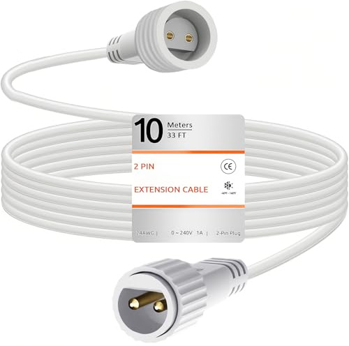 yowin Prolunga Luci Natale 10M 2 Pin Maschio a Femmina Cavo Connettore, IP65 Impermeabile Cavo di Prolunga per Cascata Luci Natale Esterno, Catena Luminosa, Luci Tenda - Bianco