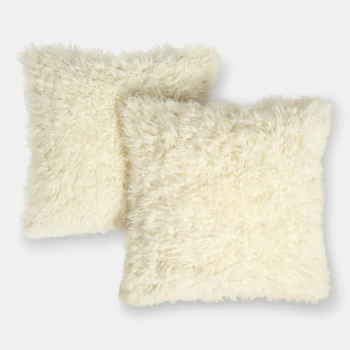 OHS Cream Cushion Covers 45 x 45cm, Super Soft Fluffy Sofia Faux Fur Decorative Square Throw Pillow Covers with Invisible Zipper for Couch Living Room Bedroom 2 Pack