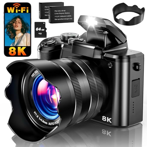 8K Digital Camera, 88MP WiFi Cameras for Photography with 3.2 Touchscreen, 16X Zoom Autofocus Vlogging Camera for YouTube Video, Anti-Shake, Dual Camera, 2 Batteries, 64GB Card, Flash, Lens Hood