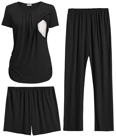 Ekouaer Maternity Pajamas Postpartum Lounge Sets for Women Nursing Pjs Breastfeeding Clothes Pregnancy Shorts & Pants Black M