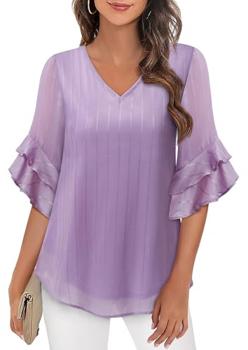 VALOLIA Chiffon Blouses for Women Dressy: Ruffled 3/4 Sleeve Office Tops Formal - V Neck Layered Relaxed Fit Professional Attire - Elegant Purple Business Casual Work Shirts for Casual Office Wear