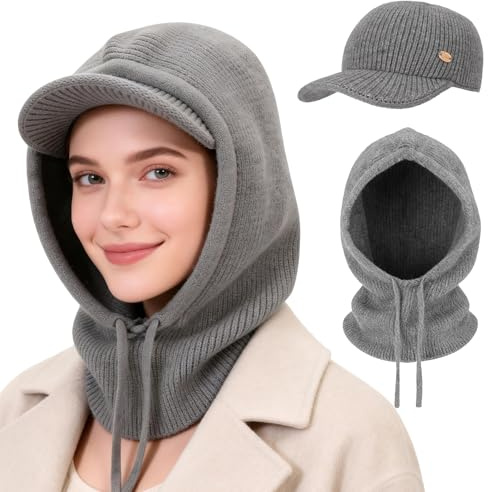 AYPOW Mujer Invierno Gorro de Punto y Bufanda con Capucha, 2 en 1 Térmicos Prueba de Viento Ajustable Pasamontañas, Moda Gorro con Visera Calentador de Cuello para Deportes al aire libre Diario Correr