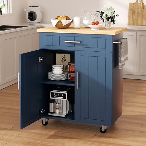 Shintenchi Kitchen Island cart with Storage, Portable Bar Cabinet on Wheels, Rolling Microwave Cart Side Table with Workstation for Kitchen, Dinning Room, Blue