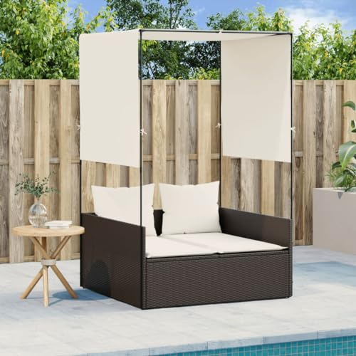 Nqyjm Bagno di Sole, Sedia Doppia con Tetto e Tende Marrone Resina Intrecciata Lettino da Spiaggia Relax Outdoor per Giardino, Terrazza, Balcone, Campeggio
