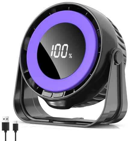 LITOHOM Desk Fan USB Rechargeable,Mini Turbo Desktop Fan with LED Display, 5 Wind Gear,360° Adjustable Tilt,Battery Powered Silent Table Fan for Bedroom Home kitchen Office Travel (Black)