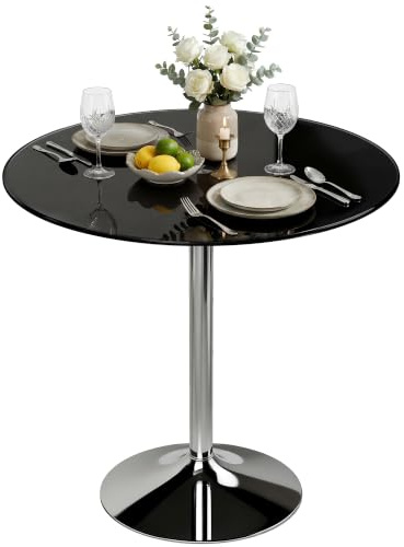 HOMCOM Round Bar Table with Steel Frame for 4, 80 x 80 x 77cm, Black | Small Round Dining Table, Tempered Glass Top, Easy Assembly, Breakfast Bar, Dining Room