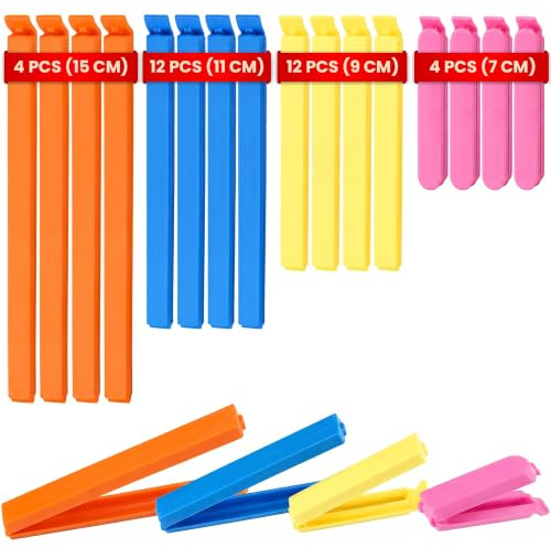 32 PCS Food Bag Clips for Food Storage & Freezer - Curved Plastic Bag Sealers for Kitchen Cupboards, Larder & Home - Strong Locking Sealing Clips for Crisp Bags, Snacks & Pet Food (4 Colours, 4 Sizes)