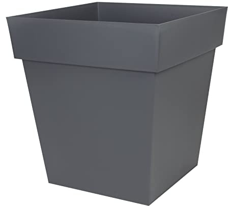 EDA - Pot de Fleur Carré Toscane 50 cm - 87 L - Intérieur & Extérieur - Zone de rétention d'eau pour Limiter l'Arrosage - Plastique Recyclé - 49,5 x 49,5 x H. 52,5 cm - Gris Anthracite