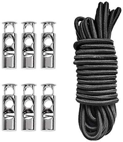 6 Pieces Heavy Duty 2 Hole Metal Cord Lock Clamp Toggle Stop Slider for Paracord, Elastic Rope, Cordage, Drawstrings + 5 Meters (16.4 FT) Shock Cord Crafting Stretch String Tie Down