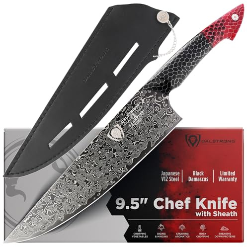 Dalstrong Chef Knife - 9.5 inch Blade - AUS-12V Exclusive Japanese Steel - Black Damascus Full Tang - Honeycomb Handle - Chef's Knife - Scorpion Series - Razor Sharp Kitchen - Leather Sheath