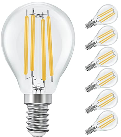 E14 LED Lampe, BIGHOUSElicht 4W Ersetzt 35W Halogenlampen, P45 Led Lampe, Mini Globe Glühbirne Leuchtmittel, 2700k Warmweiß, 400 Lumen, 360°Abstrahlwinkel Glas, Nicht Dimmbar, Filament Klar, 6 Stück