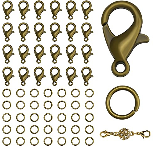 KINBOM 50 chiusure a moschettone e 120 anelli aperti, chiusure per collane e braccialetti (bronzo, 12 x 6 mm + 0,7 x 5 mm)