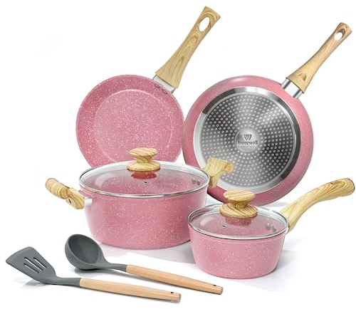 Innerwell 4-Piece Non-Stick Cookware Set, with 2 Ceramic Non-Stick Frying Pans (Induction Compatible), 2 Saucepans with Lids, Soup Spoon and Spatula, Oven Safe, PFAS & PTFE & PFOA-Free, Pink