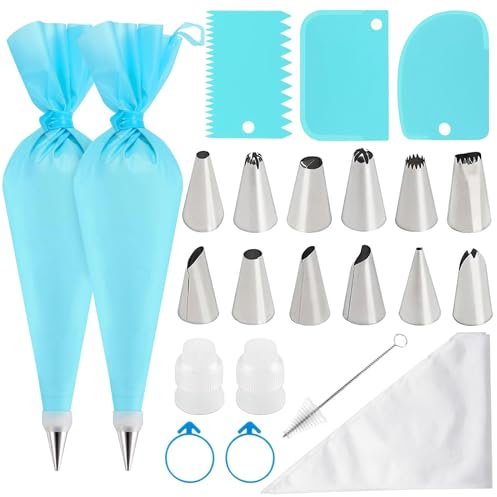 TAKUZA Spritzbeutel mit Tüllen 42 Stück, Spritztüllen Set aus Edelstahl, 2 Silikon Spritzbeutel Wiederverwendbar, Tüllen für Spritzbeutel, Tüllen Set für Kuchen Cupcakes Cookies Decoration