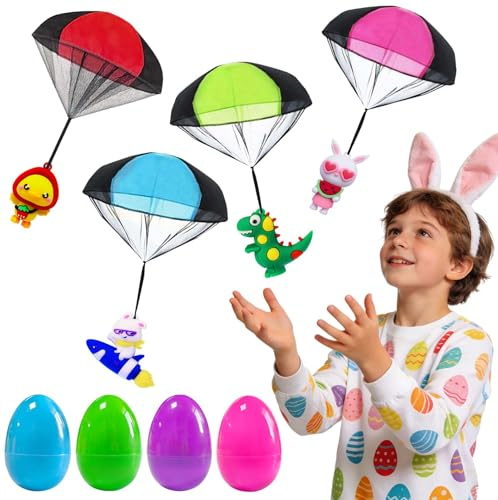 Easter Egg Fillers & Basket Stuffer Essentials for Teens Kids - 4Pack Prefilled Easter Eggs with Parachute Toys, Treasure Box Toys for Classroom Boys Girls, Egg Hunt Party Supplies, Carnival Prizes