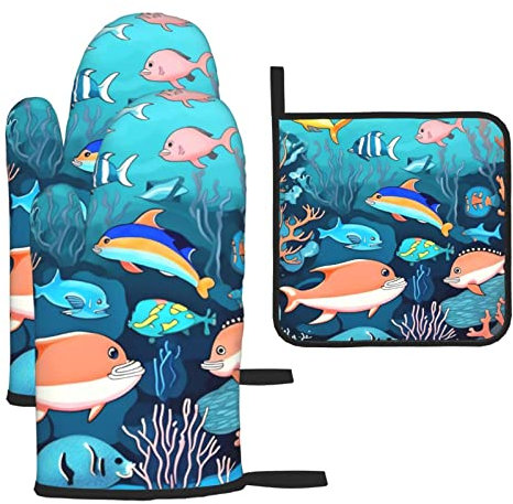 Sottomarino Dolphins - Set di 3 guanti da forno e presina per cucina, cottura, grigliate all'aperto e molto altro ancora.