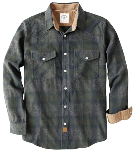 Dubinik® 6 oz Chemise Flanelle Homme Western Cowboy Manches Longues Carreaux Vintage Bouton Pression Casual Double Poche Brun Clair, Gris Et Vert XL