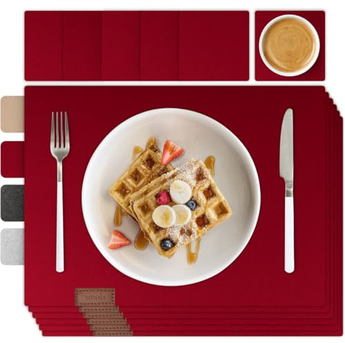 smøla 12-teiliges Premium Filz Tischset inkl. Untersetzer I Platzset Abwaschbar Rot I Platzset Abwischbar, Platzdeckchen Set mit Filzuntersetzer für Teller, Gläser I Tischdeko Winter, Weinrot