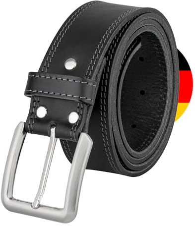 VINTAGE BASICS Herren Ledergürtel aus Rindsleder 120 cm lang - Made in Germany - 40 mm breit - Gesteppte Naht - Anzuggürtel mit Metallschnalle Schwarz
