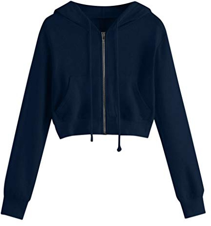 SYDUZAX Sweat à Capuche Court Femme Pullover Manches Longues Couleur Unie Sweat-Shirt avec Fermeture éclair Crop Tops avec Poches pour Femme Hoodie avec Zippé Décontracté Léger Veste Casual Automne
