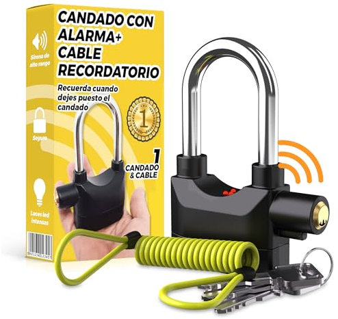 Candado Moto con Alarma - Candado Moto y Alarma de 110 db con Cable Recordatorio Elástico de 1,5 metros - Antirrobo Motos, Bicicletas o Patinetes - Fácil de Usar, Ligero- Pilas Botón Inlcuidas (2uds)