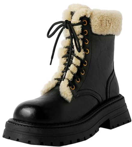 Smilice Stivali da combattimento invernali da donna alla moda, foderati in pelle di agnello, Nero , 35 EU