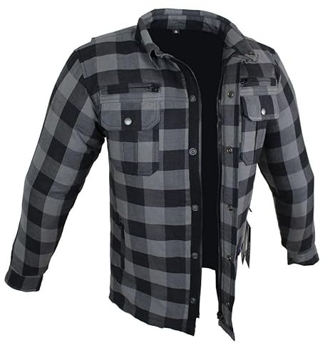 Motorradhemden Biker Hemdjacke Wasserdicht & Winddicht Motorrad Kariertes Hemd mit Protektoren Jacke Flanell Lumber Aramid (DE/NL/SE/PL, Alphanumerisch, XS, Regular, Regular, Grau)