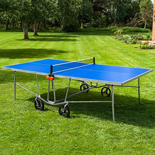 VERMONT TS100 - Mesa de tenis de mesa para exteriores, mesa de ping pong portátil de tamaño reglamentario con marco de acero y ruedas de 360°, juegos opcionales de bate y pelota para todos los niveles