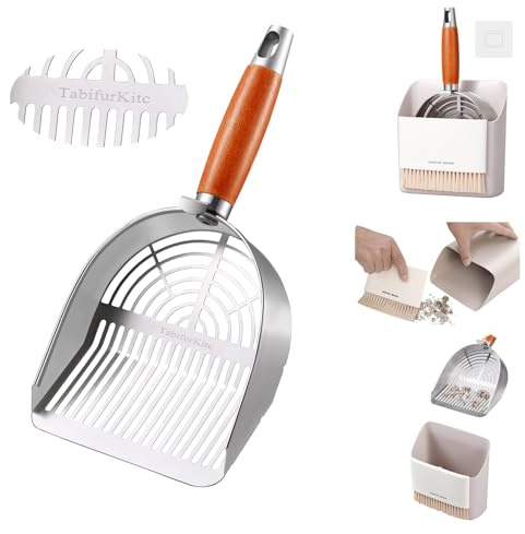 TabifurKitc Custom 40% Thicker Side Edges 304 Stainless Steel Metal Cat Litter Scoop with Holder Stand Small Broom & Dustpan - Durable, Anti-Break Handle