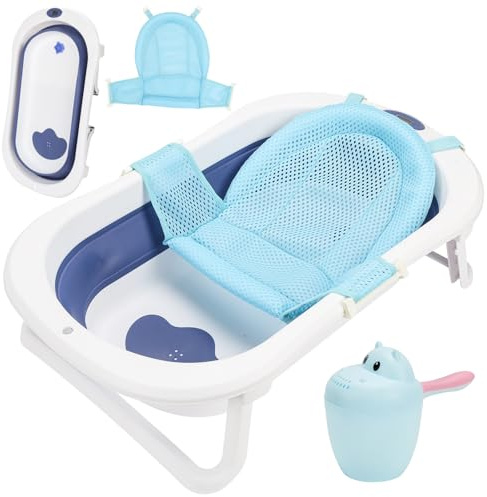Peviasot faltbare Babywanne Babybadewanne Baby Wanne 50L platzsparend, mit Badeeinsatz, Temperaturanzeige und farbwechselndem Wasserstopfen, rutschfest und stabil, faltbar Blau