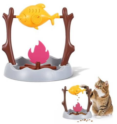 BOYIFEIJIE Mangiatoia per gatti da falò – Distributore di snack interattivo con funzione di rotazione a 360° e 3 uscite – Distributore di cibo lento in design pollo alla griglia – Per intelligenza e