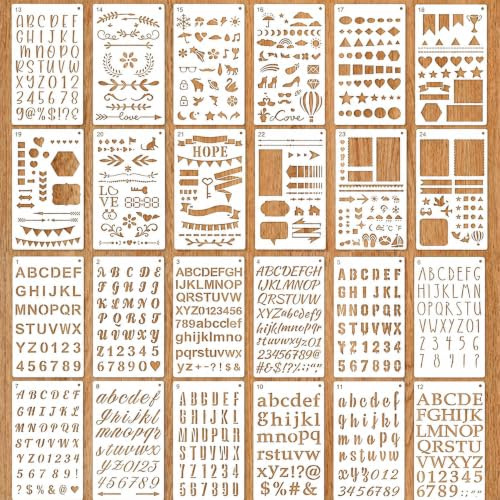 Letter Stencils 24pcs Reusable Calligraphy Stencils, Alphabet & Number Sten-cils Letters for Drawing, Painting, DIY Crafts, Wall Art, Wood Signs, Chalkboards
