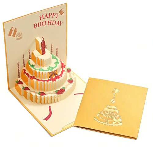 PHYNDR Biglietti di compleanno con busta, biglietto auguri compleanno, Premium 3D Pop Up, Happy Birthday per donne, uomini, mariti, moglie e bambini（giallo）
