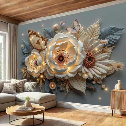 Hermoso papel tapiz fotográfico 3D con escultura floral, papel tapiz de seda, papel tapiz con motivos, decoración de pared con efecto 3D para dormitorio, sala de estar, esquina, beige gris, 400cm x 28