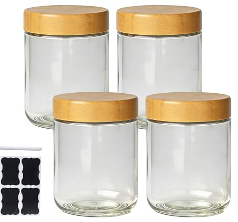 BUCOMTU Barattoli di Vetro con Coperchi, Barattolo Vetro,4 Pezzi 480ml Barattoli per Overnight Oats, Vasetti Vetro, Barattoli Vetro con Coperchio Ermetico