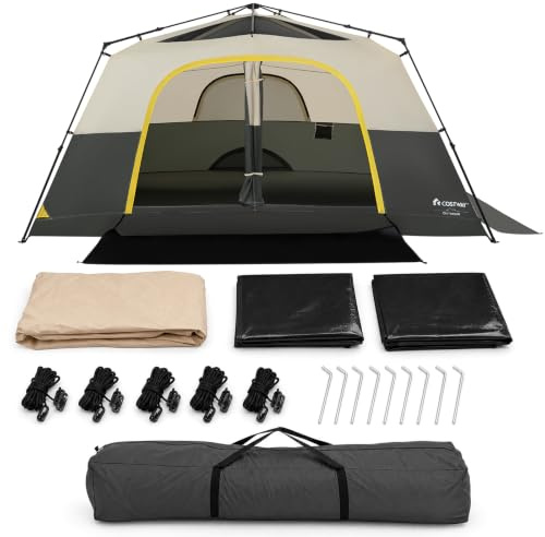COSTWAY Instant Camping Tent, 10 Person Family Tent with Rainfly | PU 3000MM PE Tarp, Mesh Windows and Carry Bag, Waterproof Easy Setup Sun Shelter for Backpacking Hiking