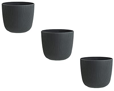 Engelland - 3 x Blumentopf mit Drainagesystem, Anthrazit-Grau, Rillenoptik, Pflanz-Topf, Kübel, modern, widerstandsfähig, rund, wetterfest, Kunststoff, Ø 10 cm, 0,5 Liter