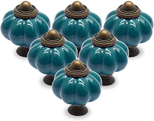 Cjueiom Lot de 12 boutons de porte en céramique bleu sarcelle, boutons de tiroir vintage en céramique citrouille avec vis de montage, poignées de placard antiques pour commode