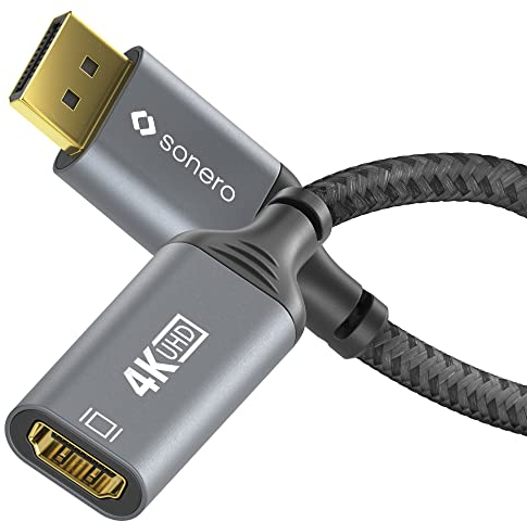 Sonero® 4K DisplayPort 1.2 auf HDMI 2.0 Adapter, DisplayPort Stecker auf HDMI Buchse, 4K 60Hz, 2K 120Hz, Baumwollmantel, grau/schwarz, 0,10 Meter