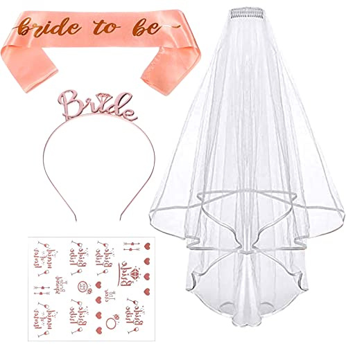 Roellgs Décoration de cadeau pour future mariée, y compris écharpe de mariée, diadème de mariée avec tatouage, voile de mariée avec peigne, pour fête de mariée, fête de mariage, décoration de fête