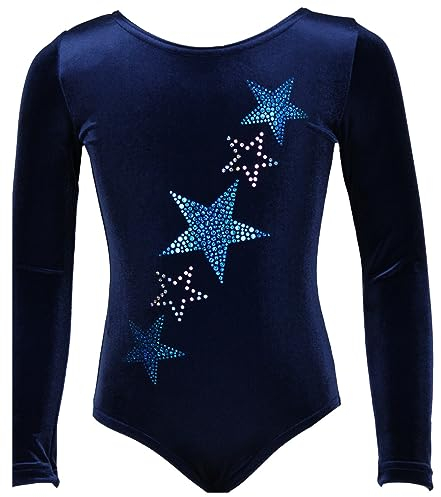 GymStern Gymnastikanzug Turnanzug Sterne Strasssteine Mädchen Langarm Kinder Turnbody, Größe:152, Farbe:Samt in Blau mit Türkis