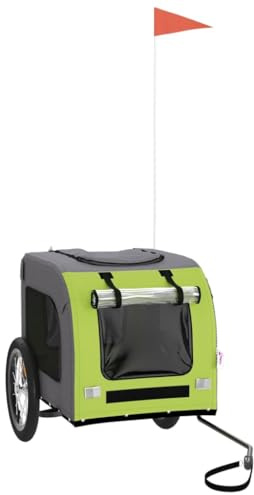 vidaXL Remorque de Vélo pour Animaux de Compagnie, Chariot à Vélo pour Chien avec Drapeau, Poussette de Chien, Vert et Gris Tissu Oxford et Fer