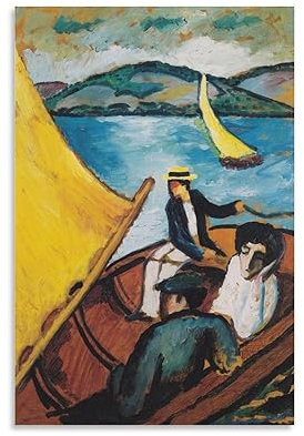 August Macke – Impression sur toile Œuvres de peintres célèbres (bateau à voile sur le Tegernsee) – Décoration murale pour salon, chambre à coucher (50 x 75 cm)