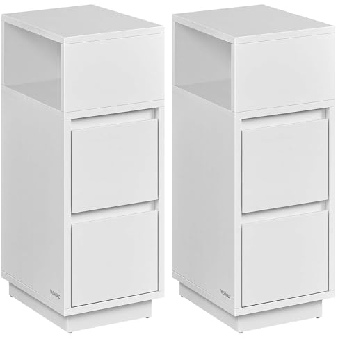 VASAGLE KAILYN Colección - Mesita de Noche Estrecha, Juego de 2, Mesa Auxiliar con 2 Cajones y Compartimento Abierto, a la Izquierda o a la Derecha, Blanco Nube LET856W01