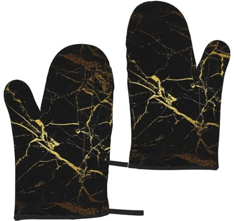 Wurton Guanti da forno a microonde resistenti al calore con stampa di carta da parati color oro nero per cucina, cottura al forno, grigliate, barbecue, 15 x 27 cm